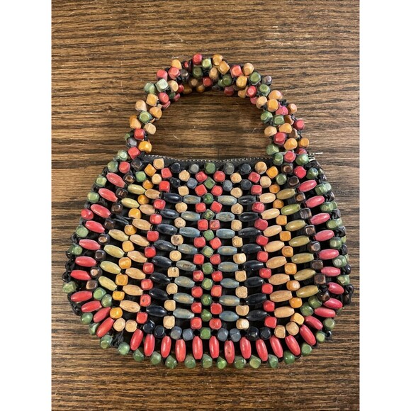 Vintage 1930’s Czechoslovakia Wooden Rainbow Beaded Clutch Mini Purse 6” x 4” - Picture 1 of 9